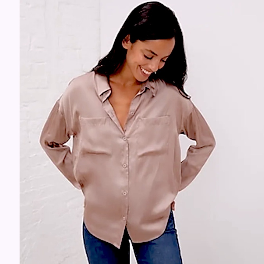 Upwest Crinkle Satin Button Down Shirt in Beige